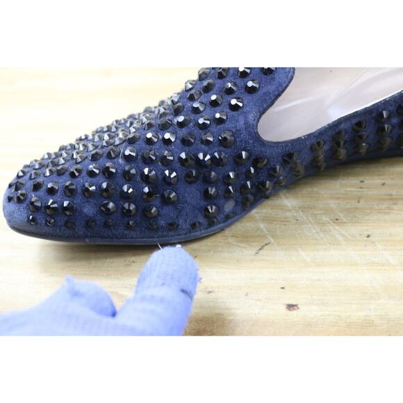 Jimmy Choo Loafers 38 Blue Suede Studded Black Rhinestone Flats Slip On Italy - Picture 11 of 11